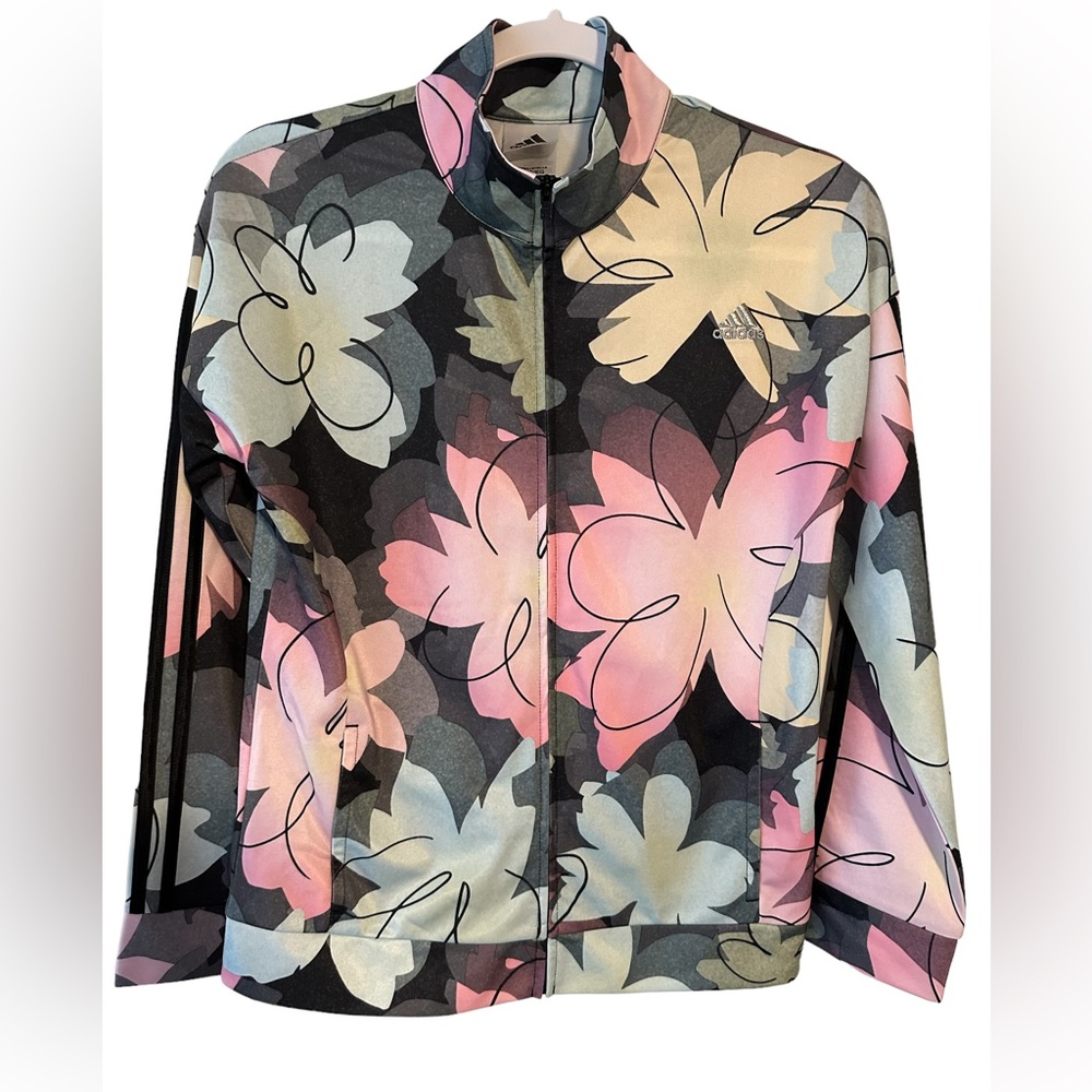 Adidas Tricot Track Suit Jacket Girls XL 16 Black large floral print